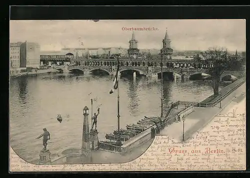AK Berlin-Friedrichshain, Blick auf die Oberbaumbrücke mit U-Bahn