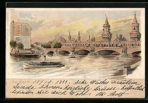 Lithographie Berlin-Friedrichshain, Oberbaum-Brücke mit Dampfer