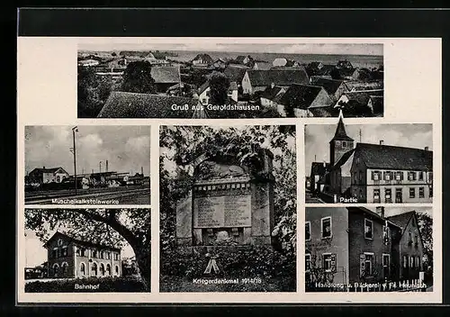 AK Geroldshausen, Teilansicht, Bahnhof, Muschelkalksteinwerke, Bäckerei Heunisch