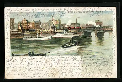 Lithographie Berlin, Blick auf die Jannowitz-Brücke mit Dampfern