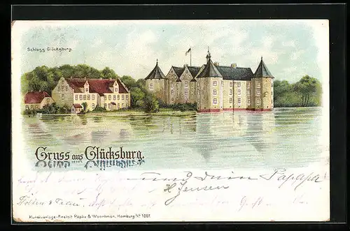 Lithographie Glücksburg, Blick auf Schloss Glücksburg