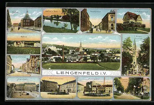 AK Lengenfeld i. V., Marktplatz, Bahnhof, Postamt, Hauptstrasse, Treuensche Strasse