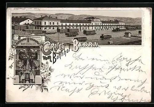 Lithographie Bebra, Bahnhof und Wartesaal