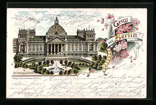 Lithographie Berlin-Tiergarten, Partie am Reichstagsgebäude