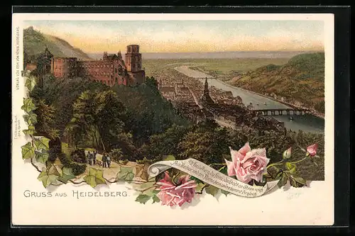 Lithographie Heidelberg / Neckar, Totale mit Schloss
