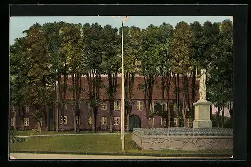 Goldfenster-AK Bad Bramstedt, Roland und altes Schloss mit leuchtenden Fenstern