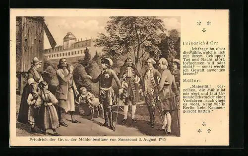 AK König Friedrich der Grosse und der Mühlenbesitzer von Sanssouci, Bild und Dialog