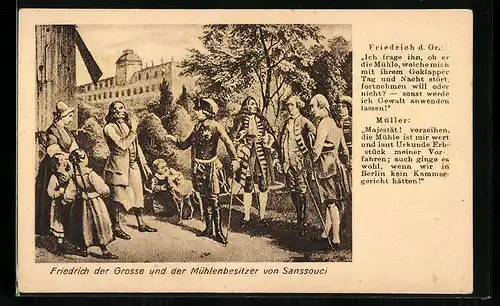AK König Friedrich der Grosse und der Mühlenbesitzer von Sanssouci, Dialog und Szene