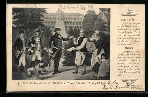 AK Friedrich der Grosse mit Windhunden und dem Mühlenbesitzer von Sanssouci