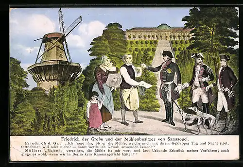 AK Friedrich der Grosse mit Windhunden und Mühlenbesitzer-Familie von Sanssouci