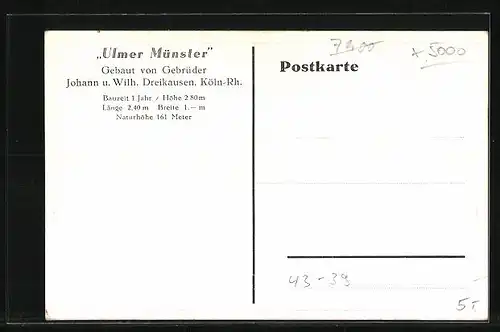 AK Ulmer Münster als Modell, mit den Erbauern Johann und Wilh. Dreikausen