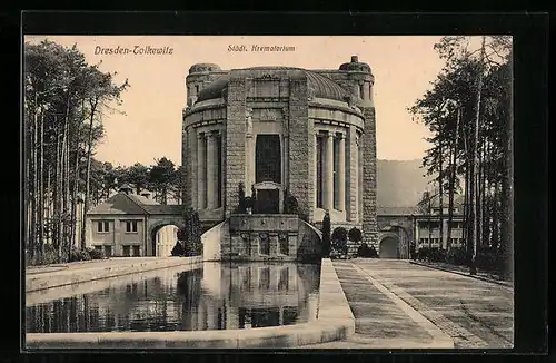 AK Dresden-Tolkewitz, Städtisches Krematorium mit Wasserbecken