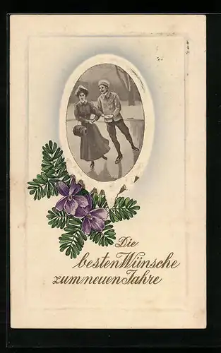 Präge-AK Paar fährt Schlittschuh auf einem See, Tannenzweig, Neujahrsgruss