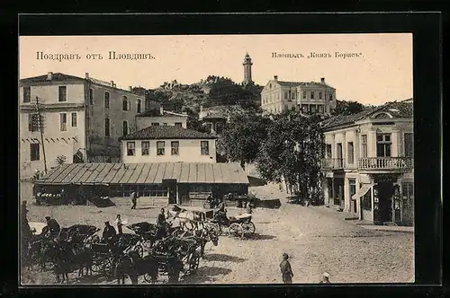 AK Plovdiv, Ortsansicht mit Kutschen und Turm