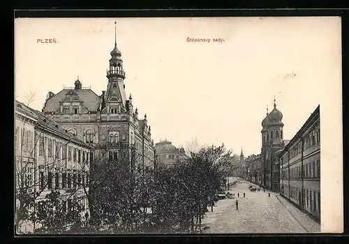 AK Pilsen, Stepánovy sady, Synagoge, Strassenpartie