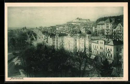 AK Marienbad, Hauptstrasse mit Cafe Egerländer und Synagoge