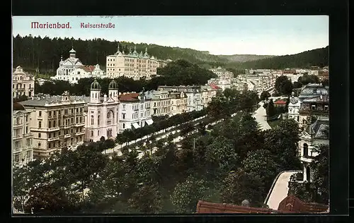 AK Marienbad, Kaiserstrasse mit Synagoge aus der Vogelschau