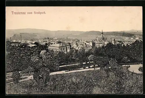 AK Trautenau, Ortsansicht vom Stadtpark, mit Synagoge