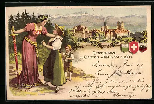 Lithographie Frau und Kind bringen huldigen der Helvetia, Jubiläum des Kantons Waadt 1903, Wappen