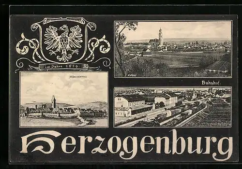 AK Herzogenburg, Ortsansicht, Wappen, Bahnhof aus der Vogelschau