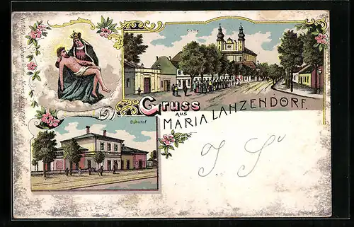 Lithographie Maria Lanzendorf, Strassenpartie mit Kirche, Pieta, Bahnhof
