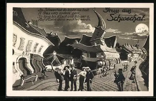 Wirtshaus-AK Schwechat, Strassenpartie mit Polizist aus der Sicht eines Betrunkenen, Vollmond