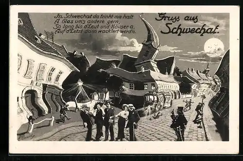 Wirtshaus-AK Schwechat, Strassenpartie mit mahnendem Polizist aus der Sicht eines Betrunkenen, Vollmond