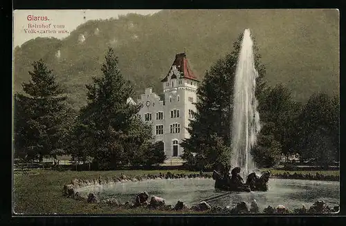 AK Glarus, Bahnhof vom Volksgarten aus