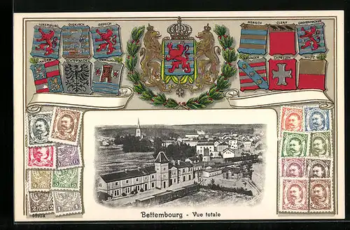 Präge-AK Bettembourg, Vue totale, Wappen und Briefmarken