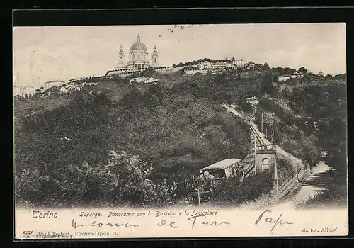 AK Torino, Superga, Panorama con la Basilica e la funicolare