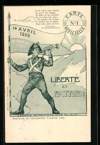 AK Liberte et Patrie, 14 Avril 1803-14 Avril 1903, Trompeter mit Standarte, Schweiz