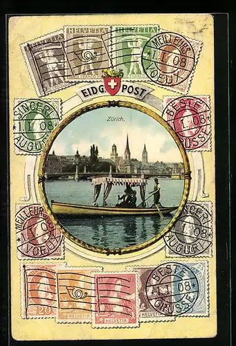 AK Zürich, Panorama und Briefmarken