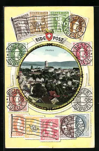 AK Heiden, Ortsansicht aus der Vogelschau, Briefmarken