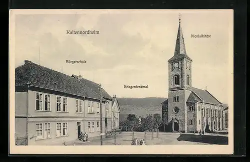 AK Kaltennordheim, Bürgerschule mit Nicolaikirche und Kriegerdenkmal