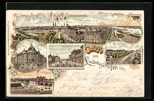 Lithographie Ludwigshafen a. Rh., Bahnhof, Rheinbrücke, Post