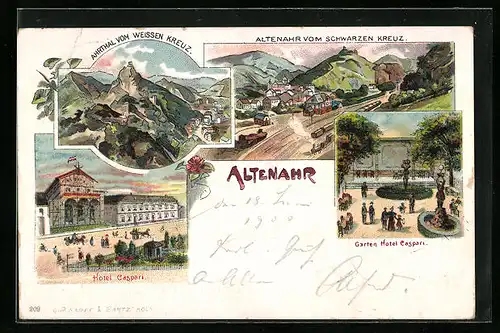 Lithographie Altenahr, Hotel Caspari, Garten, Ahrtal vom weissen Kreuz