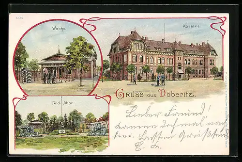 Lithographie Döberitz, Kaserne, Wache, Feld-Altar