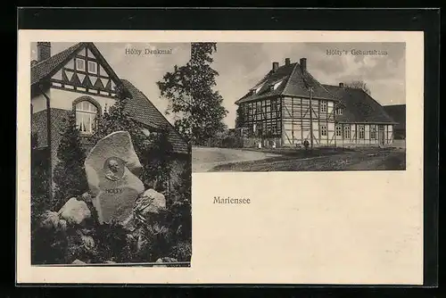 AK Mariensee, Hölty`s Geburtshaus, Holty-Denkmal