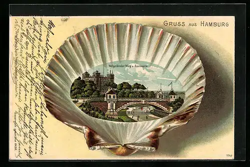 Passepartout-Lithographie Hamburg-St.Pauli, Helgoländer Weg und Seewarte in einer Muschel