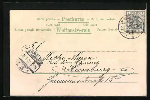 Passepartout-Lithographie Hamburg-St.Pauli, Helgoländer Weg und Seewarte in einer Muschel