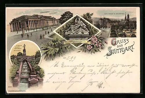 Lithographie Stuttgart, Königsbau, Altes Schloss am Schlossplatz, Eberhardsgruppe