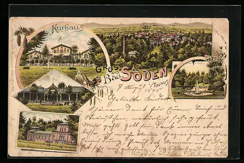 Vorläufer-Lithographie Bad Soden i. Taunus, 1895, Kurhaus, Trinkhalle, Badhaus