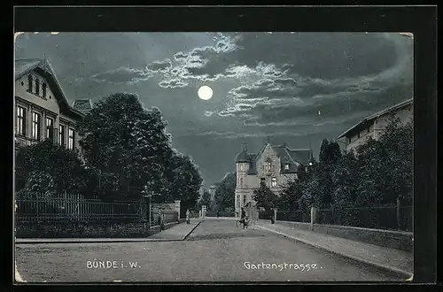 Mondschein-AK Bünde i. W., Gartenstrasse am Abend