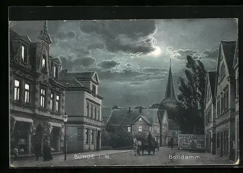 Mondschein-AK Bünde i. W., Bolldamm mit Blick zur Kirche
