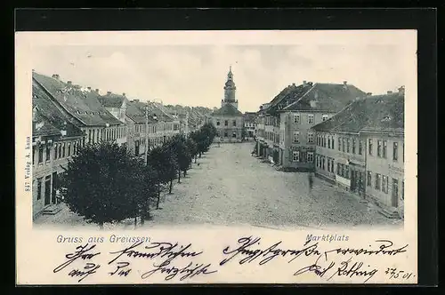 AK Greussen, Marktplatz mit Kirche und Geschäft Friedr. Busch