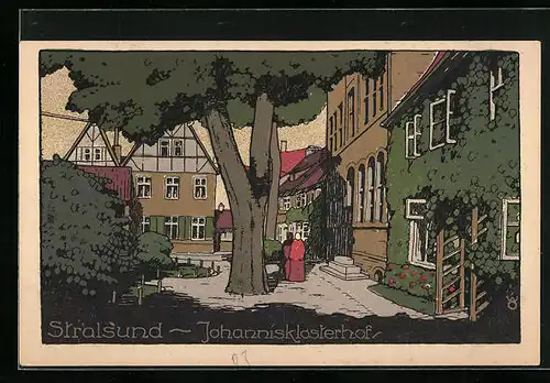 Steindruck-AK Stralsund, Ansicht Johannisklosterhof