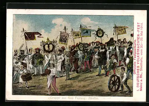 AK Mainz a. Rhein, I. Deutsches Volkstrachten-Fest 1914, Gruppe aus dem Festzug Zünfte