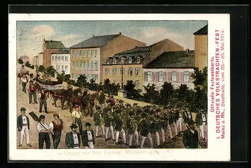 AK Mainz a. Rhein, I. Deutsches Volkstrachten-Fest 1914, Gruppe aus dem Festzug Rhenuswagen