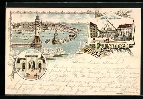 Lithographie Lindau, Landthor, Rathhaus u. neuer Brunnen, Hafen mit Schiffen