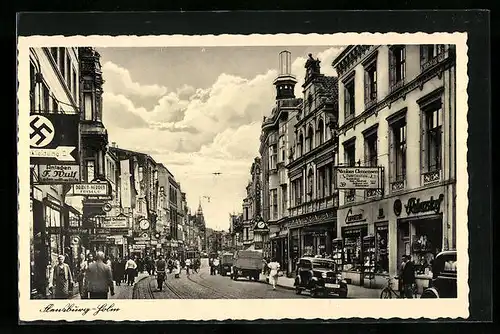 AK Flensburg, Holm-Strasse mit Geschäften, 